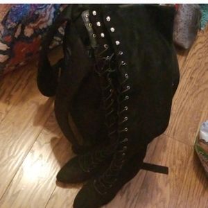 Black lace up high heels 3inch heeled boots
